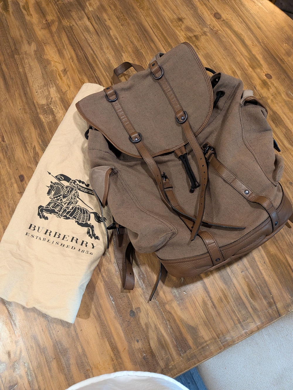 Burberry Vintage Canvas Drawstring Backpack in Brown with Black Lining